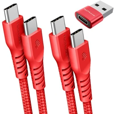 Abbildung von TECHGEAR USB C auf kabel (3 Stück 1m+2m + Adapter) 60W Geflochtenes Typ Ladekabel, Schnelllade Datenkabel, kompatibel mit iPhone 15, iPad Pro, MacBook Samsung S24/S23/A14/A15/A05s/A25/A35