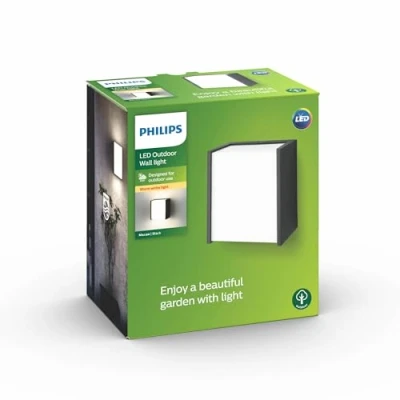 Abbildung von Philips Macaw LED Outdoor Wandleuchte (31 W), wetterfeste Außenleuchte in quadratischem Design, energiesparende Beleuchtung mit warmweißem Licht, schwarz