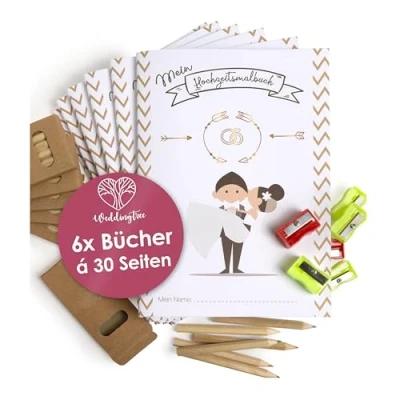 Abbildung von WeddingTree 6x Hochzeitsmalbuch Kinder Malbuch Hochzeit für mit Buntstifte und Anspitzer Gastgeschenke
