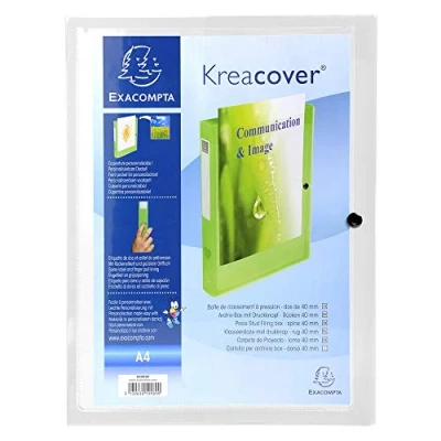 Abbildung von Exacompta 59988E Sammelbox KreaCover 40mm mit Gummizug aus transluzentem Kunststoff Klarsichthülle am Vorderdeckel und Druckknopf für DIN A4 Archivbox Heftbox Zeichenbox Sammelmappe transparent