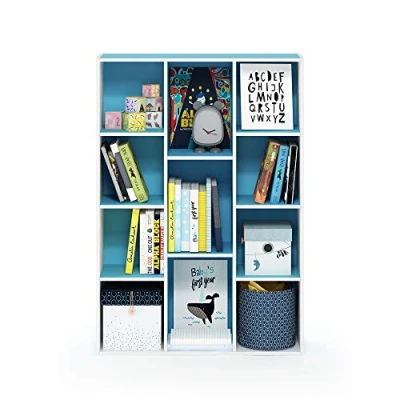 Abbildung von Furinno Luder 11 Cube Wende Bücherregal mit offenem Regal, Weiß/Hellblau