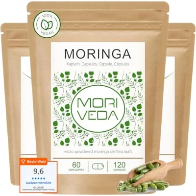 Abbildung von Moringa Kapseln 1200mg 180 Tage Vorrat Vegan ohne chemische Zusätze Laktose , fruktose glutenfrei Über 90 Nährstoffe, Proteine, Vitamine, uvm. von MoriVeda 360 Caps