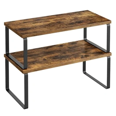 Abbildung von SONGMICS Gewürzregal, 2er Set Küchen Organizer, Küchenregal, Schrank Organizer Küche, erweiterbar, kleines Regal, stapelbar, Metall und Holzwerkstoff, tintenschwarz vintagebraun KCS200X01