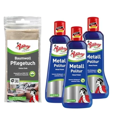 Abbildung von POLIBOY Metall Politur Poliermittel für glänzende Metalle Metallpflegemittel Mit Anlaufschutz 3x 200 ml Baumwolltuch Made in Germany