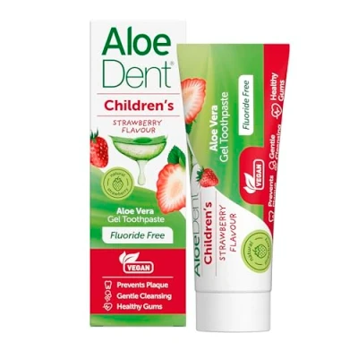Abbildung von AloeDent Kinder Zahnpasta mit Aloe Vera, Fluoridfrei, Natürliche Wirkung, Vegan, Tierversuchsfrei, SLS frei, Erdbeergeschmack, Gesundes Zahnfleisch, 50ml