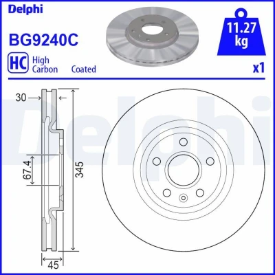 Abbildung von DELPHI BG9240C Bremsscheibe 345 30 5 Belüftet beschichtet hochgekohlt ohne Radlager, ABS Sensorring OPEL: Insignia B Sports Tourer