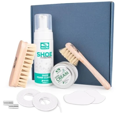 Abbildung von SULPO Shoe Clinic Schuhputzset Sneaker Reiniger White Cleaner Set Schuhreiniger weiße Schuhe Reinigungsset Schuhputzmittel mit Schuhputzbürsten &amp; Reparatur Zubehör