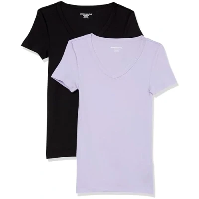Abbildung von Amazon Essentials Damen Kurzärmeliges T Shirt mit V Ausschnitt, Schmale Passform, 2er Pack, Schwarz/Lavendel, L