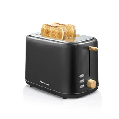 Abbildung von Bestron Toaster für 2 Toastscheiben, inkl. Brötchenaufsatz, 7 Bräunungsstufen &amp; Krümelschublade, 800 Watt, Black Wood Design, Farbe: Schwarz / Holz