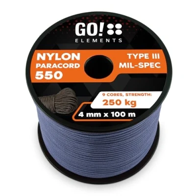 Abbildung von GO!elements 100m Paracord Seil aus reißfester Nylonschnur 4mm 550 Typ III Schnur geeignet als Allzweckseil &amp; Reepschnur Max. 250kg, Farbe:Grau Blau
