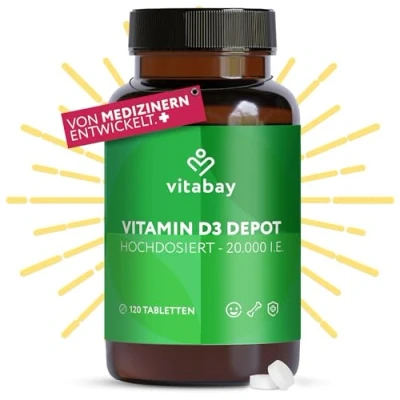 Abbildung von Vitabay Vitamin D3 Depot 20.000 I.E. 120 Vegane Tabletten Hochdosiert &amp; Vegan ohne unerwünschte Zusätze Trägt zur Unterstützung des Immunsystems und Erhaltung normaler Knochen bei