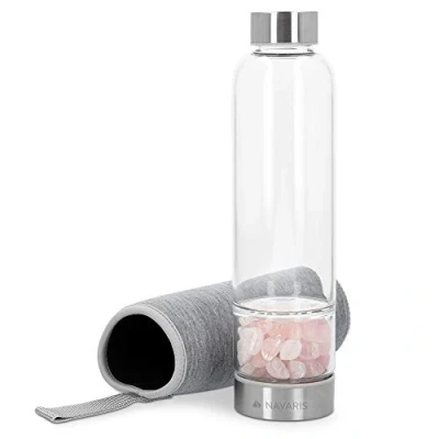 Abbildung von Navaris Wasserflasche mit Mineralstein und Neoprenhülle 420ml Edelsteine Trinkflasche Hülle Kristall Flasche Glasflasche Wasser
