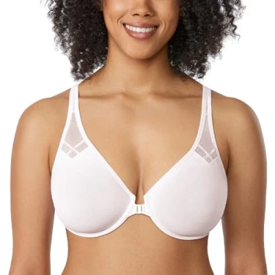 Abbildung von DELIMIRA Damen Vollschalen Vorderverschluss Seamless BH mit Bügel Ungepolster BHS Große Brüste Racerback Kokosnuss Weiß 95B