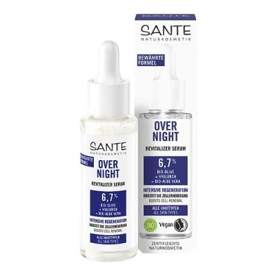 Abbildung von SANTE Naturkosmetik Serum mit Bio Olive, Hyaluron &amp; Aloe Vera, für eine intensiv revitalisierte Haut und ein geschmeidiges Hautgefühl über Nacht, Overnight Revitalizer Serum, 30 ml