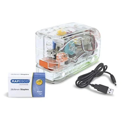 Abbildung von Rapesco 1450 626EL Automatisches USB/Batterie Heftgerät mit 1000 26/6mm Heftklammern, 15 Blatt Heftleistung, Transparent