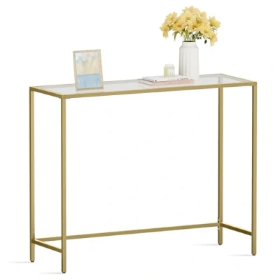 Abbildung von VASAGLE Konsolentisch, Beistelltisch, Oberfläche aus Hartglas, moderner Sofatisch, einfacher Aufbau, verstellbare Füße, Wohnzimmer, Flur, helles Gold transparent LGT26G