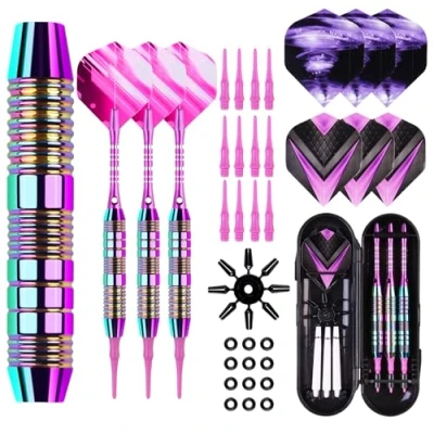 Abbildung von Dartpfeile mit Kunststoffspitze für Elektronische Dartscheibe, 3 Stück Profi Soft Set, 21g Darts Pfeile 30 Kunststoff Dartspitzen und Anti Lose Gummiringe
