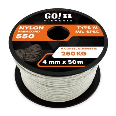 Abbildung von GO!elements 50m Paracord Seil aus reißfester Nylonschnur 4mm 550 Typ III Schnur Allzweckseil &amp; Reepschnur Max. 250kg, Farbe:Weiß