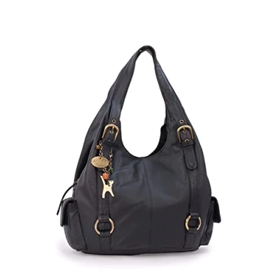 Abbildung von Catwalk Collection Handbags Damen Leder Schultertasche Handtasche Groß Hobo Bag mit Viele Fächer ALEX Schwarz