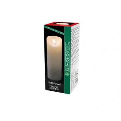 Abbildung von Konstsmide LED Echtwachskerze, weiß, mit 3D Flamme, Ø 7, 5 cm, Höhe: 20, 4h und 8h Timer, warm weiße Dioden, batteriebetrieben, Innen, 2 x C 1.5V (exkl.) 1833 100