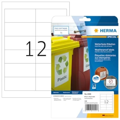 Abbildung von HERMA 4595 Wetterfeste Folienetiketten für Inkjet Drucker, 10 Blatt, 97 x 42,3 mm, 12 pro A4 Bogen, 120 Stück, selbstklebend, bedruckbar, matt, Klebeetiketten Aufkleber Tintenstrahldrucker, weiß