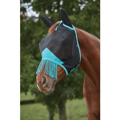 Abbildung von Weatherbeeta Fliegenmaske Comfitec Deluxe Fine Mesh mit Ohren und Fransen Schwarz/Türkis Small Pony