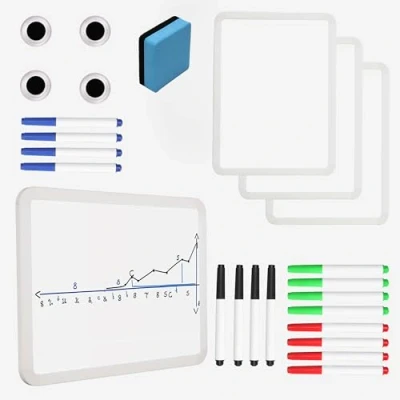 Abbildung von Belle Vous (4er Pack) Mini Whiteboard 30,5 x 23 cm Doppelseitig, Magnetisch mit 4 Magneten, 16 Markern &amp; 1 Radiergummi Tragbare, Trocken abwischbare Tafeln für Schüler, Zuhause Büro