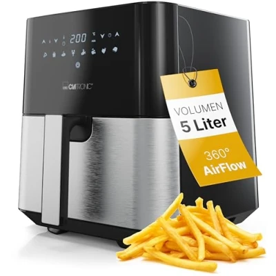 Abbildung von Clatronic® Heißluftfritteuse XXL 5L Fritteuse Heißluft für fettfreies frittieren Edelstahl Airfryer mit digitalem Touchscreen 360 Air Flow Friteuse 8 Programmen FR 3782 H