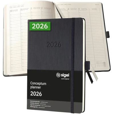 Abbildung von SIGEL C2619 Planungsbuch Wochenplaner Wochenkalender 2026, ca. A5, vertikal, 1 Woche = 2 Seiten, Spalte pro Tag, schwarz, Hardcover, 192 Stiftschlaufe, Kalenderbuch Conceptum