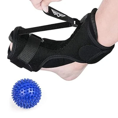 Abbildung von supregear Plantarfasziitis Nachtschiene, Verstellbare Klammer mit Stacheligem Massageball, Atmungsaktive Unterstützung bei Plattfüßen Fersen Knöchel