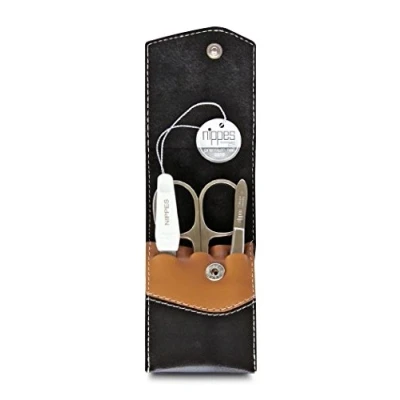 Abbildung von nippes Solingen Premium Line Maniküre Set Seam, 3 teilig, Edelstahl rost und nickelfrei, Rindsleder Etui mit Druckknopf, Schwarz/Braun, Nagelpflege Set, Made in Germany