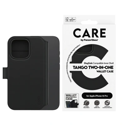 Abbildung von Apple iPhone 16 Pro Hülle MagSafe Kunstleder PanzerGlass Klapphülle/2 in 1 Case Handyhülle Schwarz Shockproof/Stoßfest