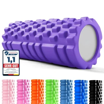 Abbildung von unycos Faszienrolle (33x14 cm), Fitness Rolle mit 3D Texturmassage und 50 Übungen E Book, Hartschaumrolle zur Selbstmassage, Belastbar 130 kg, Massagerolle für Funktionales Training (Violett)