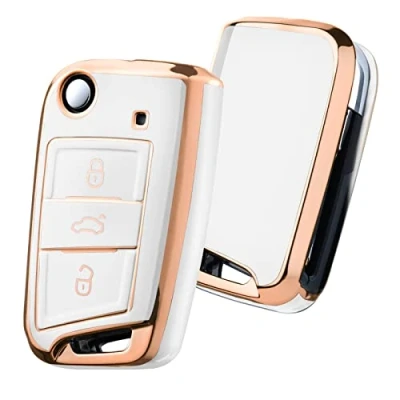 Abbildung von OATSBASF Autoschlüssel Hülle VW, VW Golf 7 Schlüsselhülle, Schlüsselbox Cover für Polo, Skoda, Tiguan, MK7 3 Tasten (Goldener Rand Weiß)