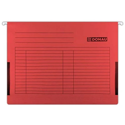 Abbildung von DONAU Hängetasche mit Leinenfröschen Aus Recycling Karton 230 GSM für DIN A4 Farbe: Rot 5er Packung auswechselbarem Blanko Schildchen ideal Büro und Schule der Behörde