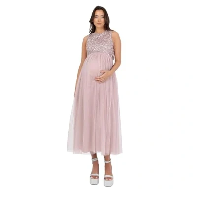 Abbildung von Maya Deluxe Women&#039;s Womens Ladies Maternity for Pregnant Wedding Guest Midaxi Sleeveless Sequin Embellished Tulle Crew Neck Bridesmaid Dress, Soft Pink, 34