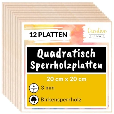 Abbildung von Creative Deco 12 Quadratische Sperrholzplatte 3mm 200 x (+/ 0,5) mm Birkensperrholz Dünne Holz Zuschnitte laserfähig Sperrholz Platte perfekt als Baumaterial