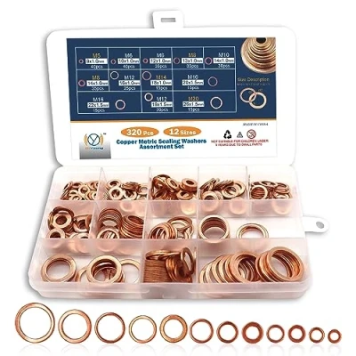 Abbildung von DIYoung 320pcs Kupferdichtringe Sortiment Flache Unterlegscheiben set Sicherungsscheiben Kupfer Geeignet für Automobile Schiffe Generatoren Maschinen und Geräte (M5 M20)