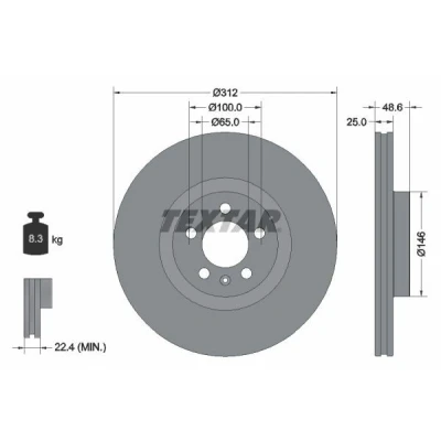 Abbildung von TEXTAR 92303303 Bremsscheibe 312 25 05/06 100 innenbelüftet beschichtet ohne Radlager, Radbefestigungsbolzen, Radnabe VOLKSWAGEN: Polo VI