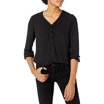 Abbildung von Amazon Essentials Damen Popover Hemd mit 3/4 Ärmeln und Knöpfen, Schwarz, M