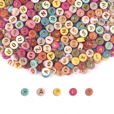 Abbildung von SUTOUG 1000PCS A Z Buchstabenperlen, 4 x 7 MM bunte Perlen zum Auffädeln, runde Acrylperlen für Armbänder Schmuck DIY Making Crafts Halsketten Ornamente Anhänger Zubehör Gold