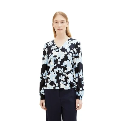 Abbildung von TOM Tailor Gemusterte Vausschnitt Bluse, Damen, Größe: Large, Blue cut floral design