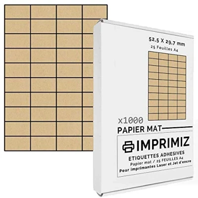 Abbildung von 1000 selbstklebende Etiketten aus natürlichem Kraftpapier, 52,5 x 29,7 mm, 40 Etiketten/Blatt, für Laser und Tintenstrahldrucker, 25 Blatt A4 farbig