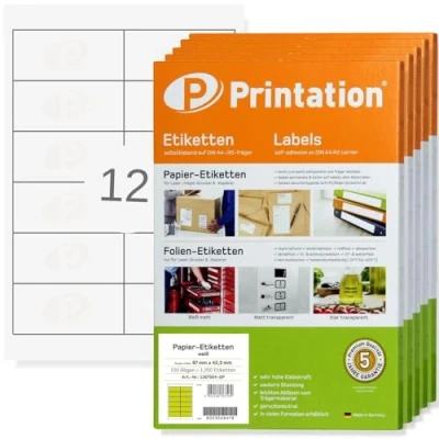 Abbildung von Printation Etiketten 97 x 42,3 mm 6000 Aufkleber auf 500 Blatt DIN A4 BigPack 2x6 12 97x42,3 Adressaufkleber selbstklebend blanko weiß Adressetiketten Briefversand 4623 5056 LA140 3659 4781