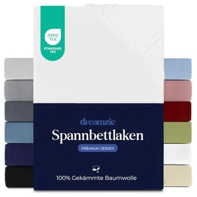 Abbildung von Dreamzie Premium Spannbettlaken 120x200 cm, Spannbetttuch für Dicke Matratzen bis zu 22 Bettlaken 100% Jersey Baumwolle, 150 g/m², Oeko TEX Zertifiziert Weiß