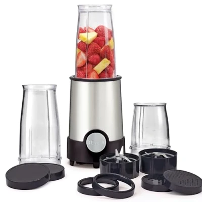 Abbildung von BELLA Raketenmixer in persönlicher Größe, perfekt für Smoothies, Shakes und gesunde Getränke, leicht zu mahlen, Basis mit 240 W Motor, 12 teiliges Mixer Set, Edelstahl/schwarz