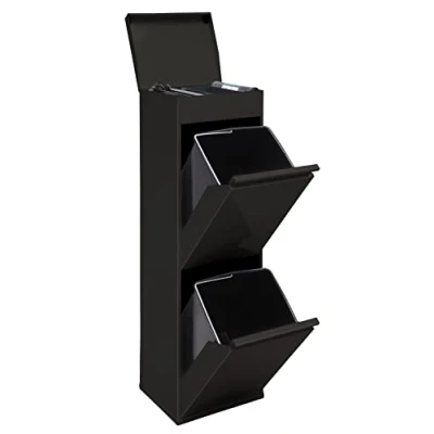Abbildung von ARREGUI Top CR226 B Mülltrennsystem aus Stahl mit Aufbewahrungsbox Deckel 2 Fächer Mülleimer für die Küche 2x17L (34L) Fach Abfalleimer Herausnehmbare Inneneimer Griff schwarz