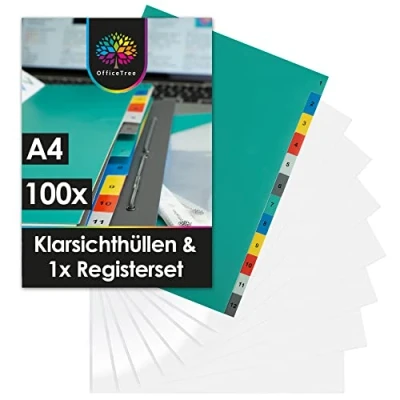 Abbildung von OfficeTree 100 Klarsichtfolien A4 + Trennblätter für Ordner Prospekthüllen Klarsichthüllen Dokumentenhülle Gelocht