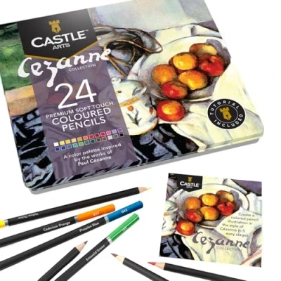 Abbildung von Castle Arts 24 themenorientierte Buntstifte in einer Metallkiste, für Kunstwerke à la Cézanne. Hochwertige, weiche Spitzen ideal zum Vermischen &amp; Schaffen von Dimension zauberhafte Ergebnisse