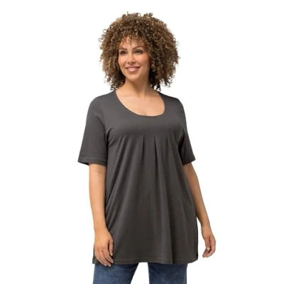 Abbildung von Ulla Popken Damen, Zierfalten, A Linie, Rundhals, Halbarm, Modal T Shirts, Graphitgrau, 58 60